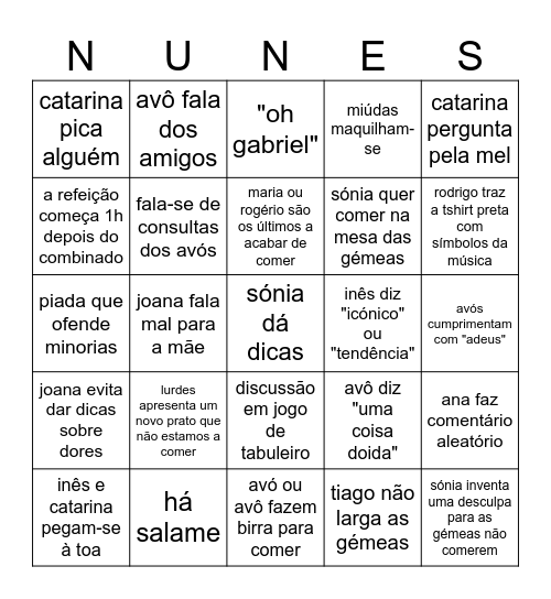 Clássicos da família Nunes Bingo Card