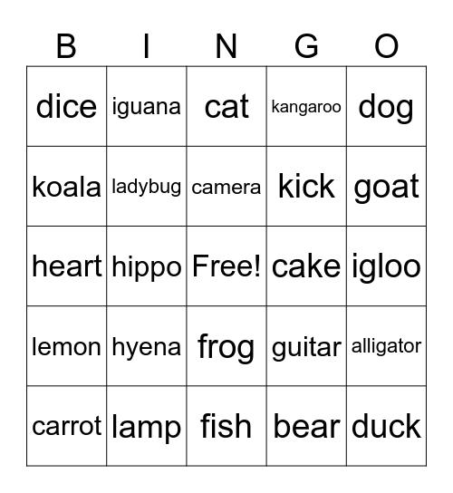 Letters A-K BINGO Card
