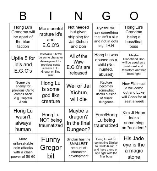 Canto 8 Bingo Board Bingo Card