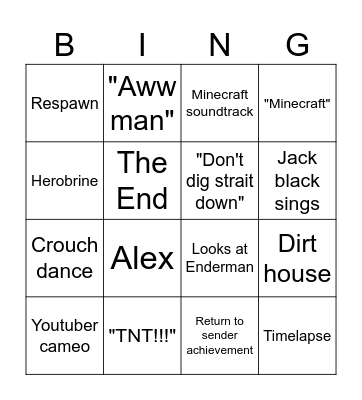 Minecraft Movie Bingo Card