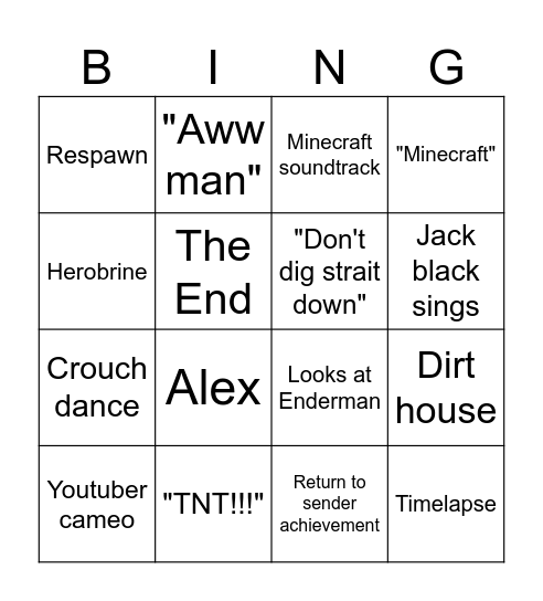Minecraft Movie Bingo Card