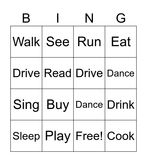Action Verbs Bingo Card