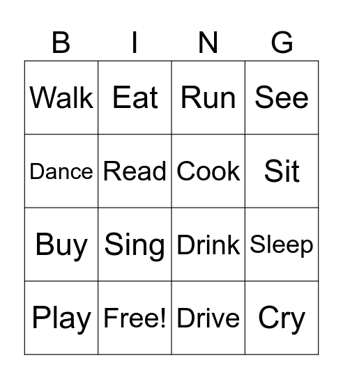 Action Verbs Bingo Card