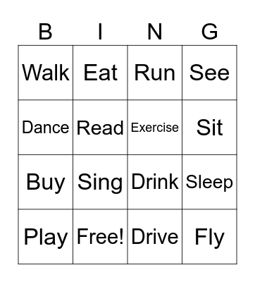 Action Verbs Bingo Card