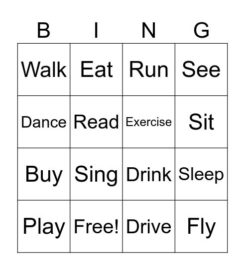 Action Verbs Bingo Card