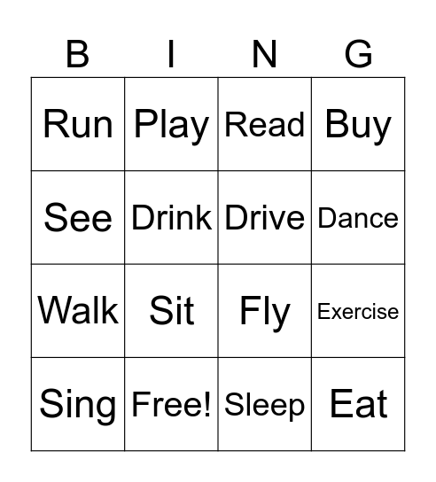 Action Verbs Bingo Card