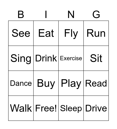 Action Verbs Bingo Card
