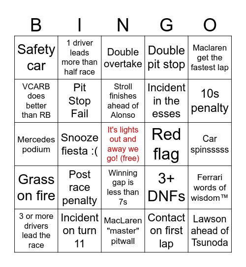 Suzuka GP 2025 Bingo Card