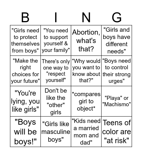 Neoliberal Sex Education Bingo Card