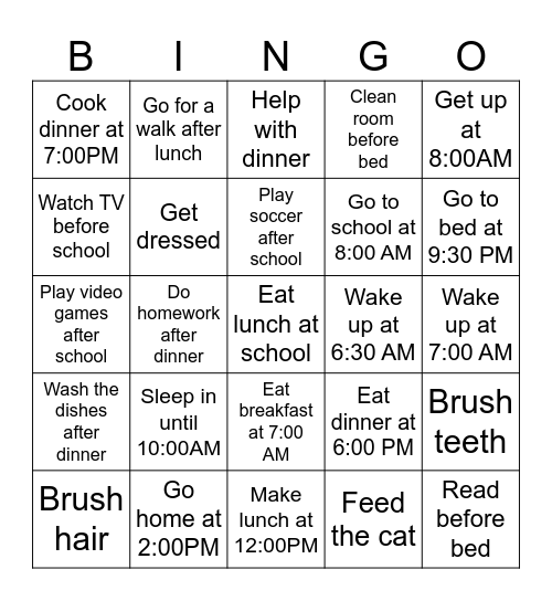Daily Routines Bingo Card