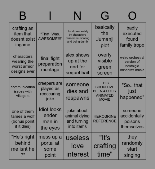 the Minecraft movie bingo Card