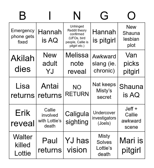 YJ Season 3 finale Bingo Card