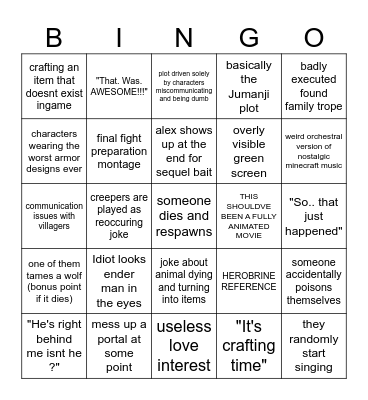 the Minecraft movie bingo Card