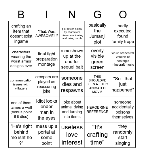 the Minecraft movie bingo Card