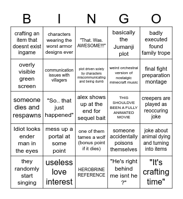 the Minecraft movie bingo Card