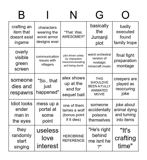 the Minecraft movie bingo Card