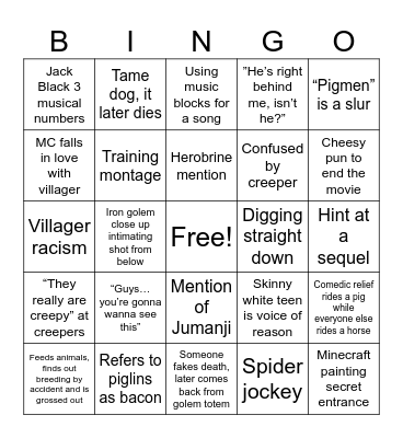 Minecraft Movie Bingo Card