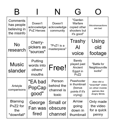 "Downfall of Plants vs Zombies" bingo card Bingo Card