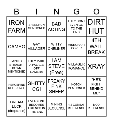 minecraft movie bingo Card