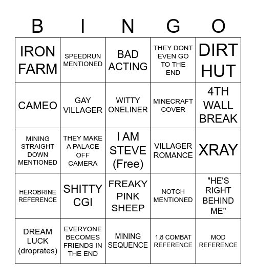 minecraft movie bingo Card