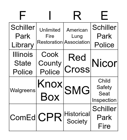 Schiller Park Fire Department Bingo Card
