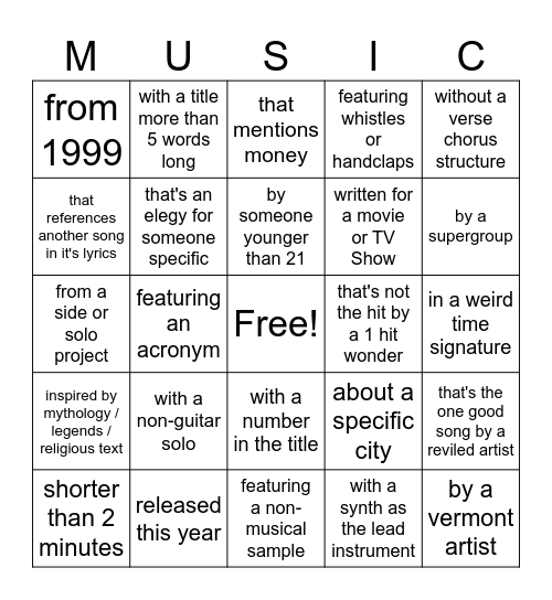 Playlist Bingo Card