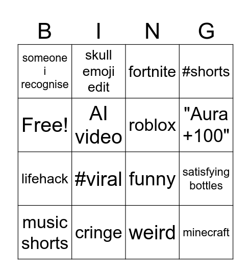 youtube shorts Bingo Card