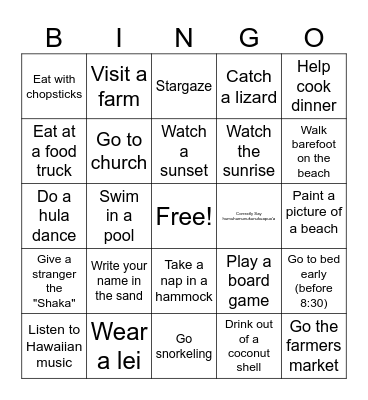 Hawaiian Vacation Bingo Card