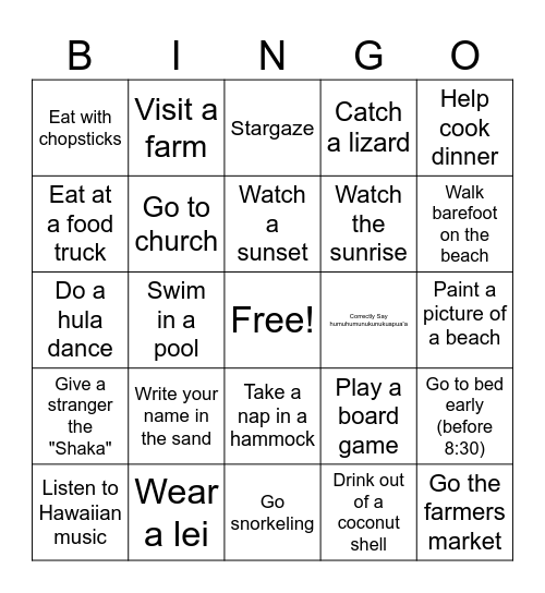 Hawaiian Vacation Bingo Card
