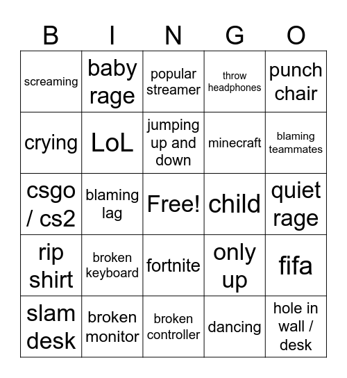 rage board Bingo Card