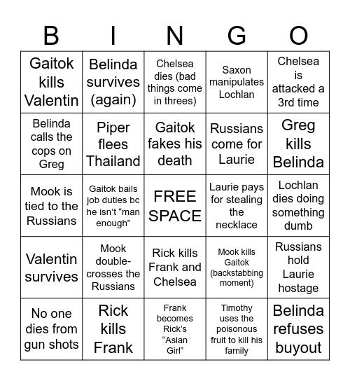 White Lotus Finale Bingo Card