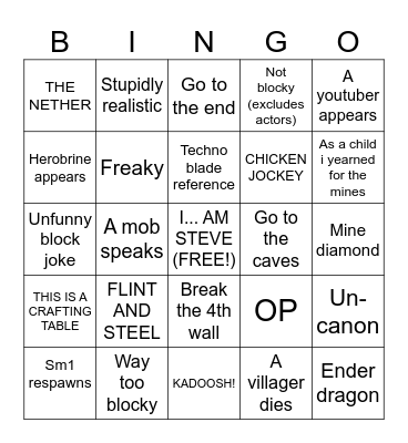 Minecraft movie bingo Card