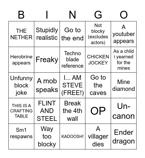 Minecraft movie bingo Card