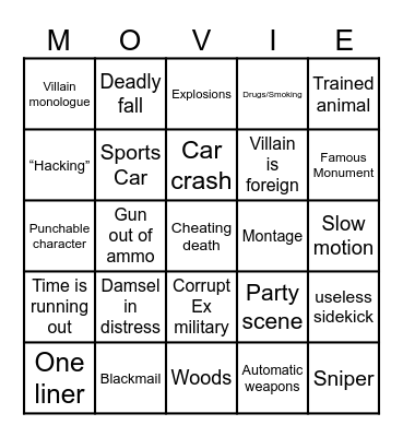 Action adventure Bingo Card