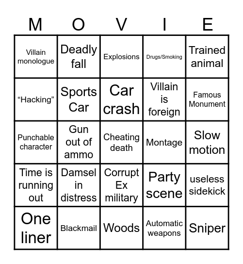 Action adventure Bingo Card