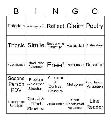 STAAR Skills Bingo Card