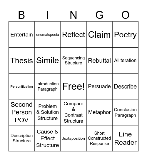 STAAR Skills Bingo Card
