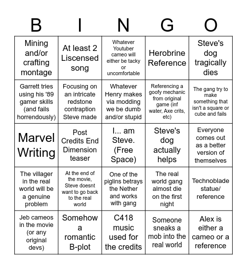 A Mincraft Movie Bingo Card