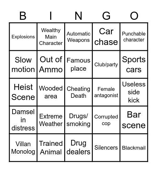 Action Adventure Bingo Card