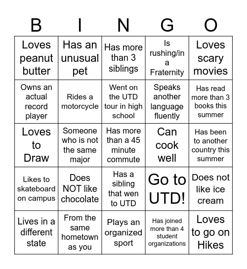 UTD Bingo Card