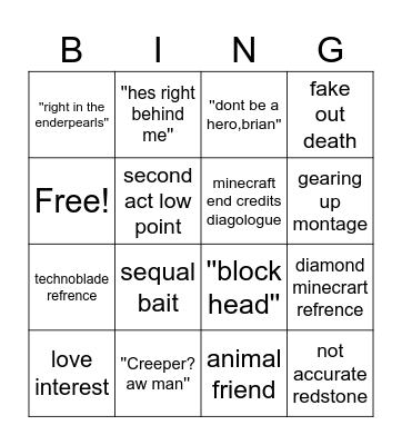 Minecraft movie Bingo Card