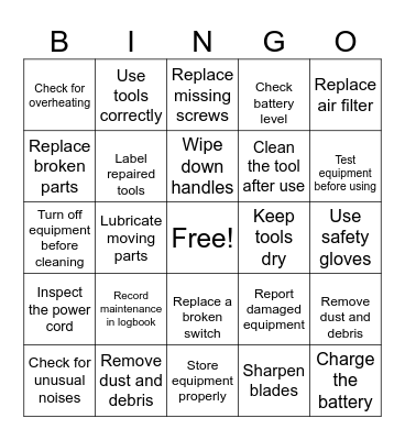 Maintenance Actions Bingo Card