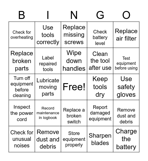 Maintenance Actions Bingo Card