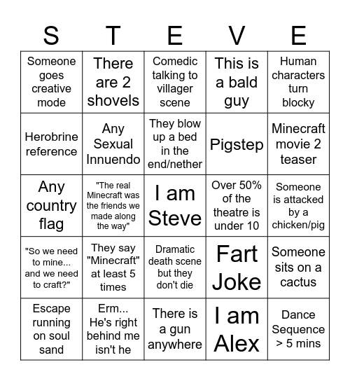 Minecraft movie Bingo Card