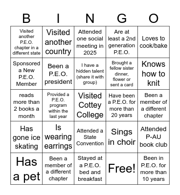 P.E.O. Get to know your sisters Bingo Card