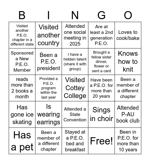 P.E.O. Get to know your sisters Bingo Card