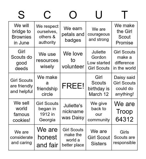 Girl Scouts Birthday BINGO Fun! Bingo Card