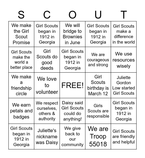 Girl Scouts Birthday BINGO Fun! Bingo Card