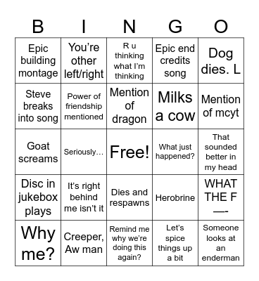 Minecraft Movie Bingo Card