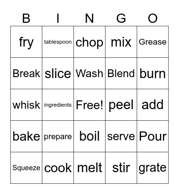 Cooking Vocabulary Bingo Card